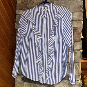MADEWELL Whitney Striped Ruffle Top Blouse Blue / White XS Button Down Long Slv